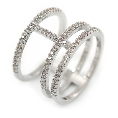 Delicate Clear Cz Structural Band Ring In Rhodium Plated Metal