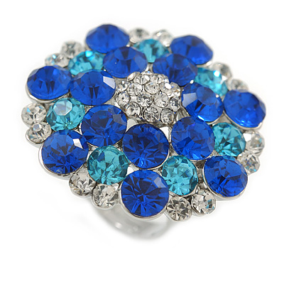 Rhodium Plated Sapphired Blue/ Clear/ Azure Diamante Cocktail Ring (Adjustable Size 7/8) - 30mm D - main view