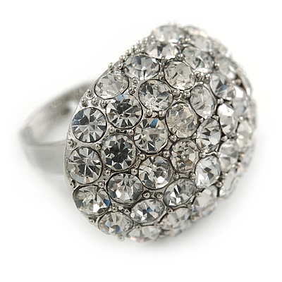 Pave Set Clear Crystal Dome Shape Ring In Silver Tone Metal - 30mm - 7/8 Size - Adjustable