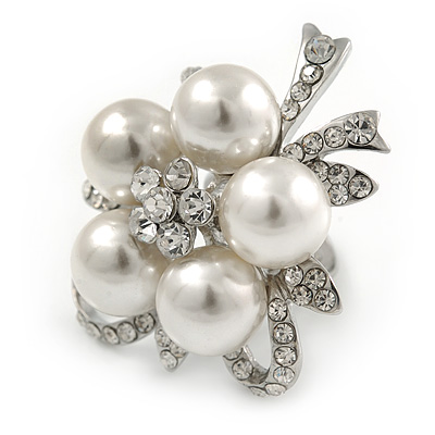 Diamante Simulated Pearl Daisy Cocktail Ring In Rhodium Plated Metal - 45mm D - 7/8 Size Adjustable
