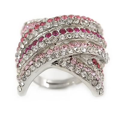 Statement 'Criss Cross' Pink, Magenta, Clear Crystal Rings In Rhodium Plated Metal - 7/8 Size Adjustable