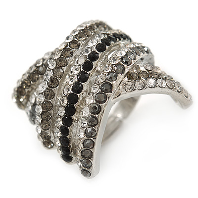Statement 'Criss Cross' Grey, Black, Clear Crystal Rings In Rhodium Plated Metal - 7/8 Size Adjustable