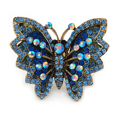 Large Blue Crystal Butterfly Ring In Gold Tone - Size 7/8 Adjustable