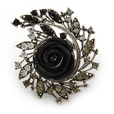 Oversized Black Rose Crystal Leaf Cocktail Ring In Aged Silver Tone - 60mm L - main view