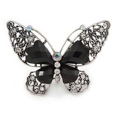 Large Clear Crystal, Black Acrylic Bead Butterfly Ring In Aged Silver Tone Metal - 70mm L - 8 Size Adjustable