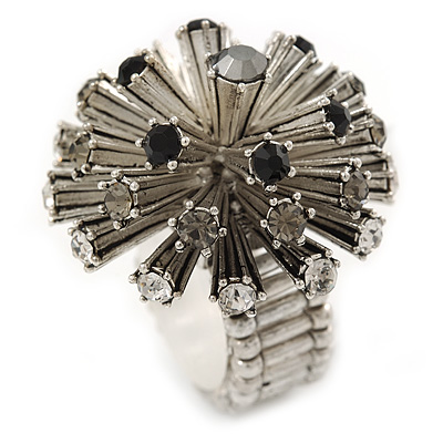 Crystal 'Starburst' Flex Ring In Silver Tone - Size 7