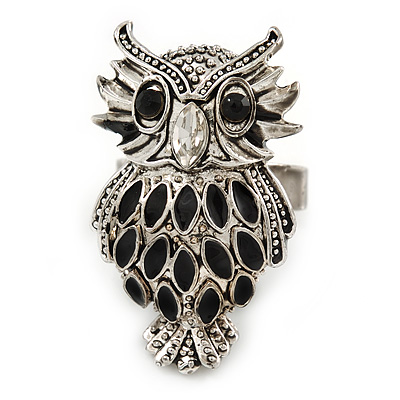 Owl Ring In Silver Tone Metal with Black Enamel Detailing - 30mm L - 7/8 Size - Adjustable