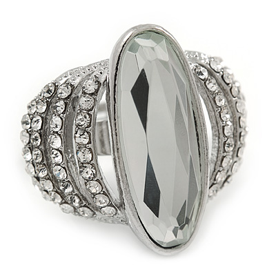 Statement Crystal Dome Cocktail Ring In Rhodium Plated Metal - 7/8 Size Adjustable