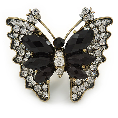 Large Clear Crystal, Black Acrylic Bead Butterfly Ring In Antique Gold Tone Metal - 55mm - Size 8