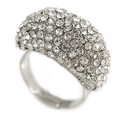 Pave Set Clear Crystal Dome Shape Ring In Silver Tone Metal - 25mm - 7/8 Size - Adjustable