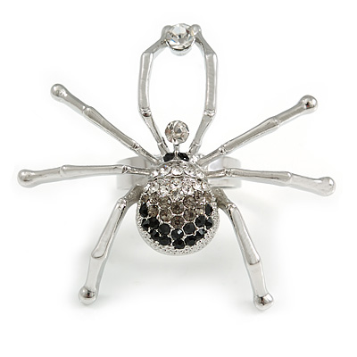Striking Clear/ Grey/ Black Crystal Spider Ring In Silver Tone - 45mm Across - 7/8 Size Adjustable