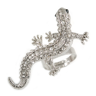 Silver Tone Sculptured Clear Crystal 'Gecko' Statement Ring - Adjustable - Size 7/8 - 4.5cm Length