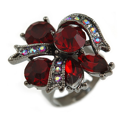 Ruby Red/ Ab Crystal Cluster Fashion Ring In Black Tone Metal  - 7/8 Size Adjustable - main view