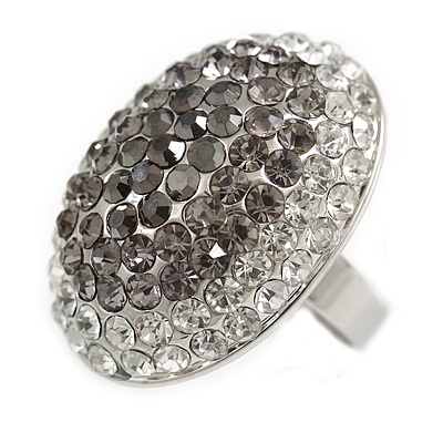 Oval Dome Shape Clear/ Grey Crystal Ring In Silver Tone Metal - 30mm Long - 7/8 Size Adjustable - main view