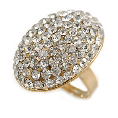 Oval Dome Shape Clear Crystal Ring In Gold Tone Metal - 30mm Long - 7/8 Size Adjustable