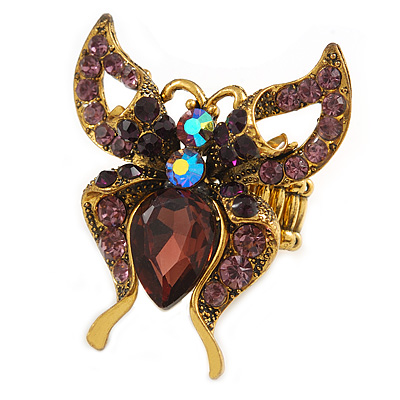 Statement Purple Crystal Butterfly Ring In Aged Gold Tone - 50mm Across - 7/8 Size Adjustable