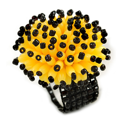 Bright Yellow/ Black Glass/ Acrylic Bead Flower Flex Ring - 35mm Diameter - main view