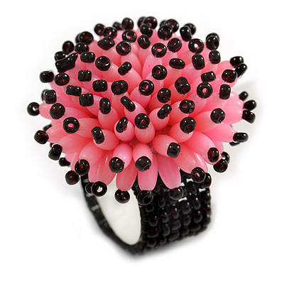 Pink/ Black Glass/ Acrylic Bead Flower Flex Ring - 35mm Diameter - main view