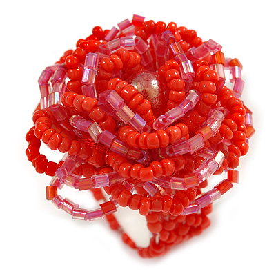 Carrot Red/ Pink Glass Bead Flower Stretch Ring - 40mm Diameter - main view