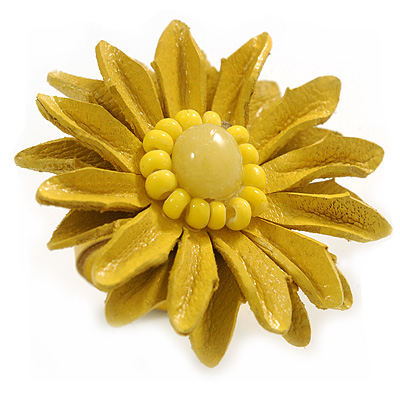 Yellow Leather Daisy Flower Ring - 40mm D - Adjustable