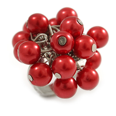 Red Faux Pearl Bead Cluster Ring in Silver Tone Metal - Adjustable 7/8 - main view