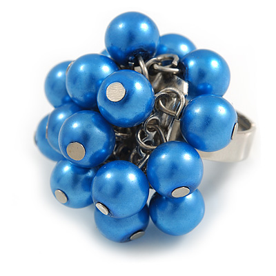 Blue Faux Pearl Bead Cluster Ring in Silver Tone Metal - Adjustable 7/8 - main view
