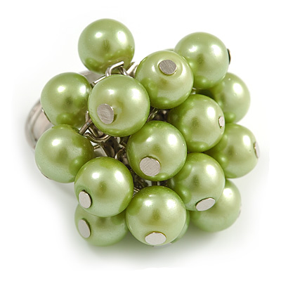 Pea Green Faux Pearl Bead Cluster Ring in Silver Tone Metal - Adjustable 7/8