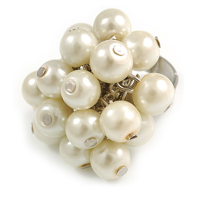 Light Cream Faux Pearl Bead Cluster Ring in Silver Tone Metal - Adjustable 7/8