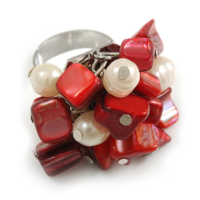 Red Sea Shell Nugget and Cream Faux Freshwater Pearl Cluster Silver Tone Ring - 7/8 Size - Adjustable