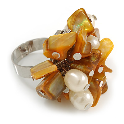 Antique Yellow Sea Shell Nugget and Cream Faux Freshwater Pearl Cluster Silver Tone Ring - 7/8 Size - Adjustable