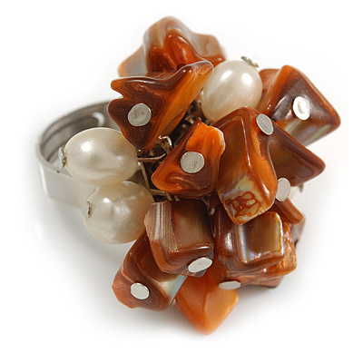 Burnt Orange Sea Shell Nugget and Cream Faux Freshwater Pearl Cluster Silver Tone Ring - 7/8 Size - Adjustable - main view