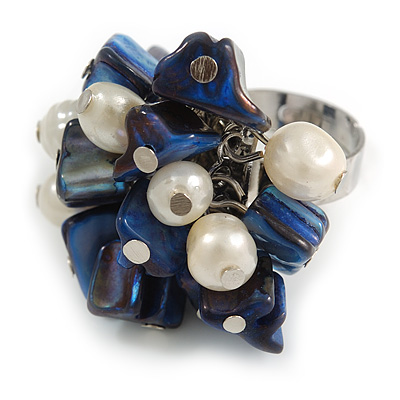 Dark Blue Sea Shell Nugget and Cream Faux Freshwater Pearl Cluster Silver Tone Ring - 7/8 Size - Adjustable