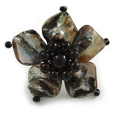 Black Shell and Faux Pearl Flower Rings (Silver Tone) - 50mm Diameter - Size 7/8 Adjustable