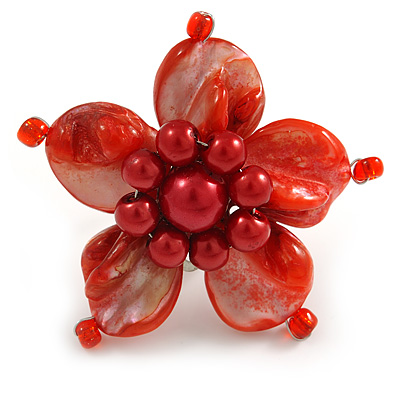 Red Shell and Faux Pearl Flower Rings (Silver Tone) - 50mm Diameter - Size 7/8 Adjustable