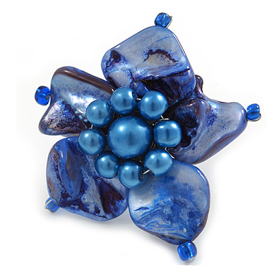 Blue Shell and Faux Pearl Flower Rings (Silver Tone) - 50mm Diameter - Size 7/8 Adjustable