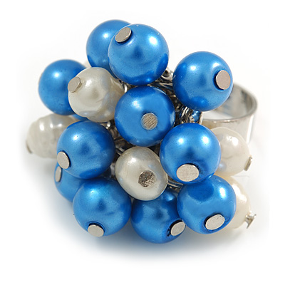 Blue/ Cream Faux Pearl Bead Cluster Ring in Silver Tone Metal - Adjustable 7/8