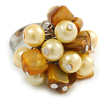 Antique Yellow Sea Shell Nugget and Pale Yellow Faux Pearl Cluster Bead Silver Tone Ring - 7/8 Size - Adjustable - main view