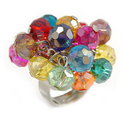 Multicoloured Glass Bead Cluster Ring in Silver Tone Metal - Adjustable 7/8 - main view