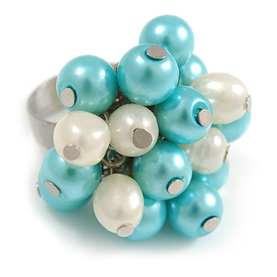 Light Blue/ Cream Faux Pearl Bead Cluster Ring in Silver Tone Metal - Adjustable 7/8