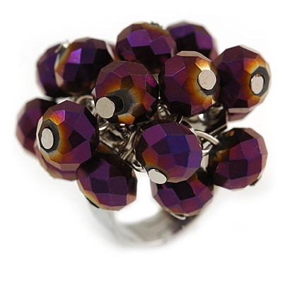 Chameleon Purple Glass Bead Cluster Ring in Silver Tone Metal - Adjustable 7/8 - main view