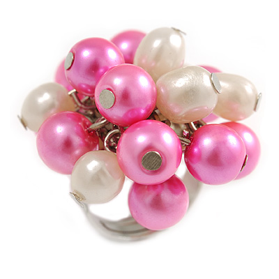 Pink/ Cream Faux Pearl Bead Cluster Ring in Silver Tone Metal - Adjustable 7/8