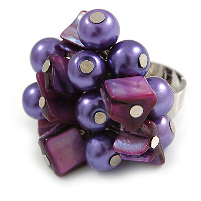 Shell Nugget and Faux Pearl Cluster Bead Silver Tone Ring in Purple - 7/8 Size - Adjustable - main view