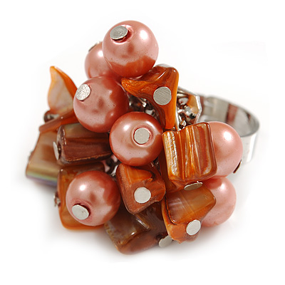 Shell Nugget and Faux Pearl Cluster Bead Silver Tone Ring in Orange - 7/8 Size - Adjustable