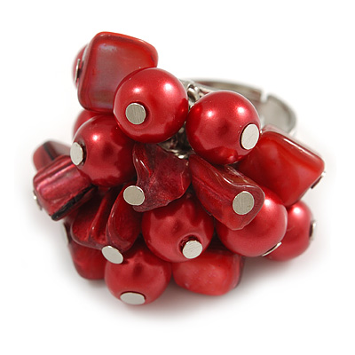 Shell Nugget and Faux Pearl Cluster Bead Silver Tone Ring in Red - 7/8 Size - Adjustable
