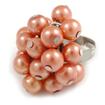 Peach Orange Faux Pearl Bead Cluster Ring in Silver Tone Metal - Adjustable 7/8
