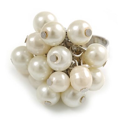 White Faux Pearl Bead Cluster Ring in Silver Tone Metal - Adjustable 7/8