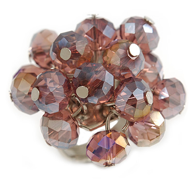 Plum Purple Glass Bead Cluster Ring in Silver Tone Metal - Adjustable 7/8