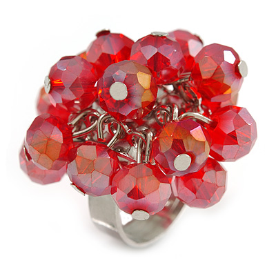 Red Glass Bead Cluster Ring in Silver Tone Metal - Adjustable 7/8 - main view
