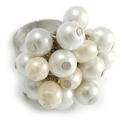 White/ Cream Faux Pearl Bead Cluster Ring in Silver Tone Metal - Adjustable 7/8