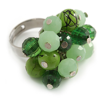 Green Glass and Ceramic Bead Cluster Ring in Silver Tone Metal - Adjustable 7/8